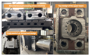 Simultaneous processing of two columns, showing industrial press system components